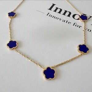 18K Gold Plated Blue Clover Necklace stainless steel Womens jewelry